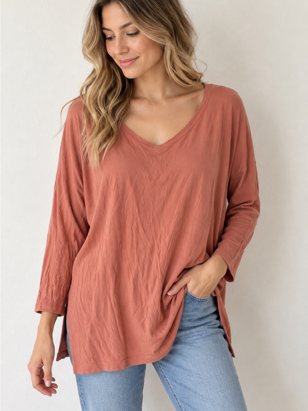 Piko 1988 V-Neck Long Sleeve Top - Rust